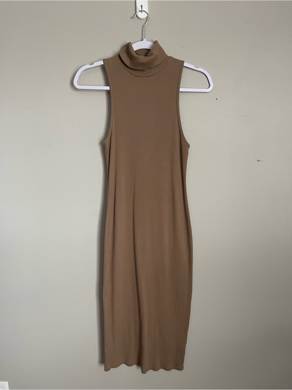 Zara Camel Brown Ribbed Sleeveless Turtleneck Midi Dress Sz M